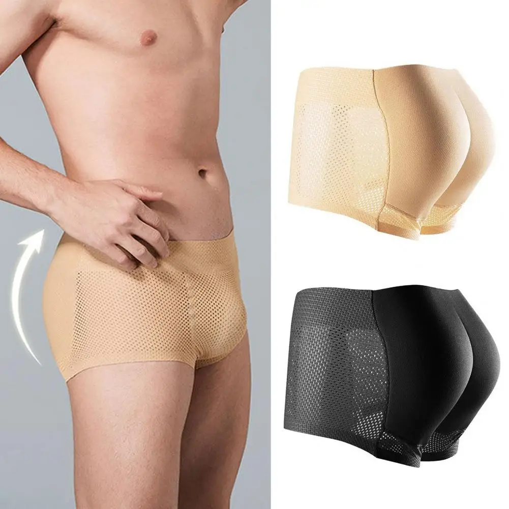 

Breathable Men Underpants Mid-rise Underpants Solid Color Butt Lift Shaper Hip Pad Shorts Panties Fake Butt Seamless Underwear