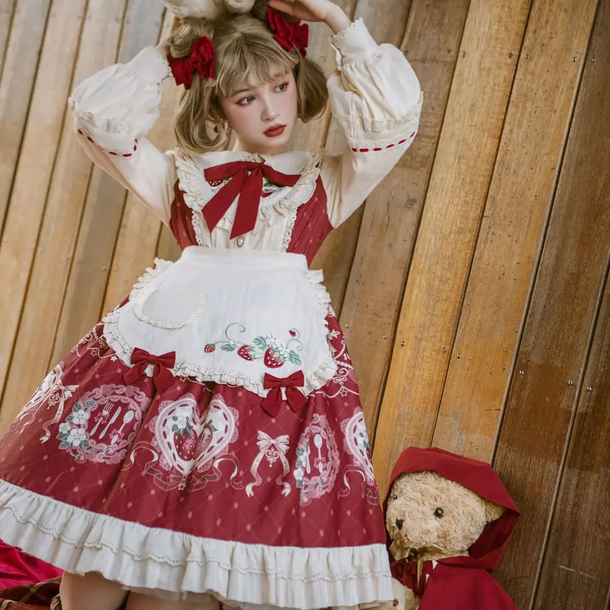 

Sweet Girl Lolita OP Dress Women Vintage Patchwork Red Dress with Cloak Cute Bow Strawberry Printed Ruffles Long Sleeve Vestidos