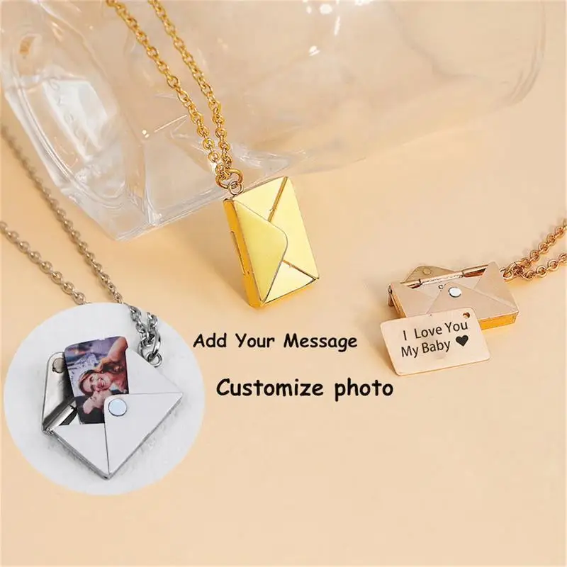

Custom 3D Photo Letter Envelope Necklaces For Women Stainless Steel Personalized Picture Bridesmaids Pendant Valentine Day Gift