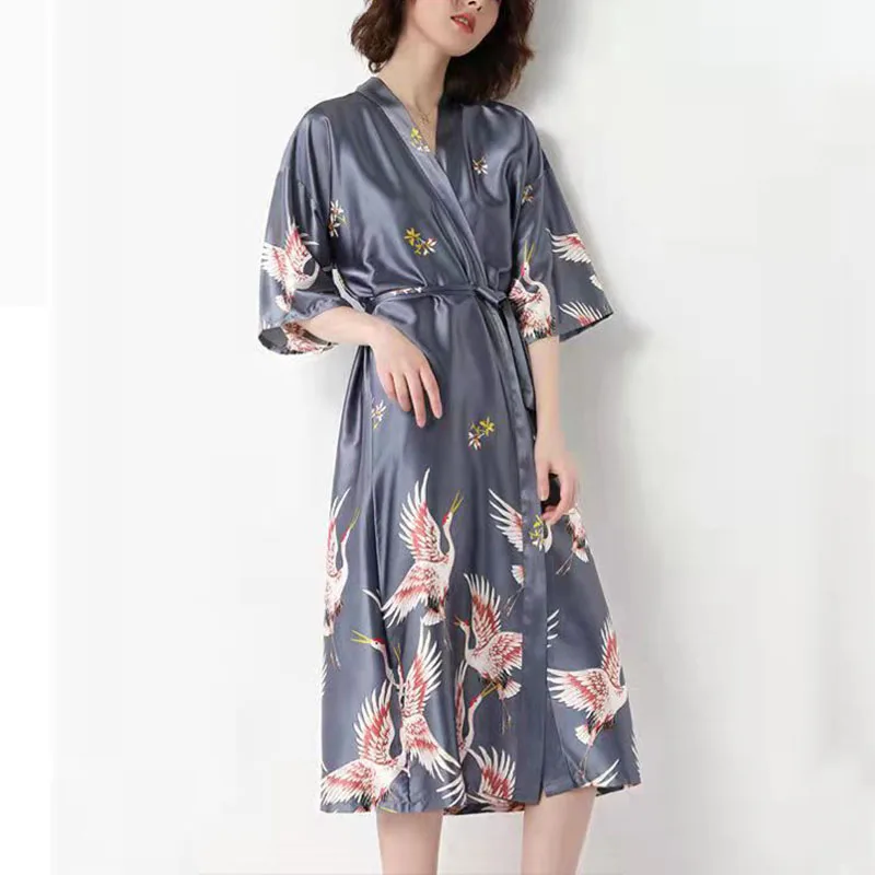 

Women Nightgown Satin Chinese Style Crane Print Half Sleeve Kimono Bathrobe Bride Bridesmaid Wedding Long Robe Sleepwear Pajamas