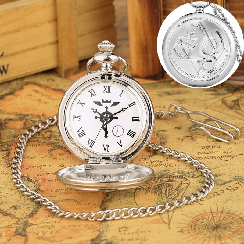 

Simple Silver Fullmetal Alchemist Quartz Pocket Watch Edward Elric Anime Clock Design Pendant Cosplay Fans Necklace Chain Gifts