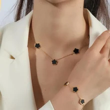 Lucky Clover 18K Gold Plated Clover Necklace Bracelet Earring for Women Fashion Cute Simple Jewelry Sets