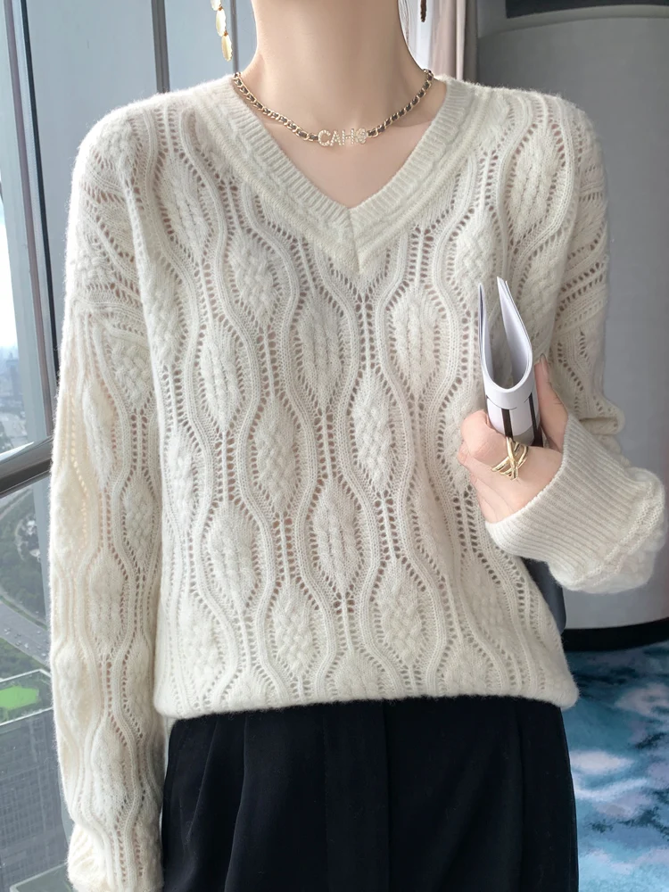 

Oversized Women's Sweaters 100% Merino Wool V-neck Pullover Long Sleeve Jumper Hollow Jacquard Cashmere Elegant Soft New Fashion