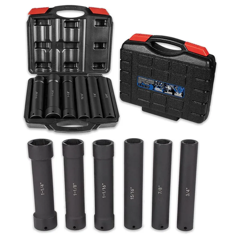 

1/2 Inch Drive Extended Length Impact Socket Set 6 Sizes - Hex Sizes 3/4", 7/8", 15/16", 1-1/16”, 1-1/8", 1-1/4"with Case