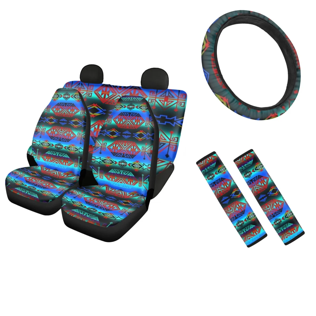 

General Front and Rear Seat Cover Indian Tribal Totem Design Full Set Vehicle Seat Protector Seat Belt Sets Steering Wheel Cover