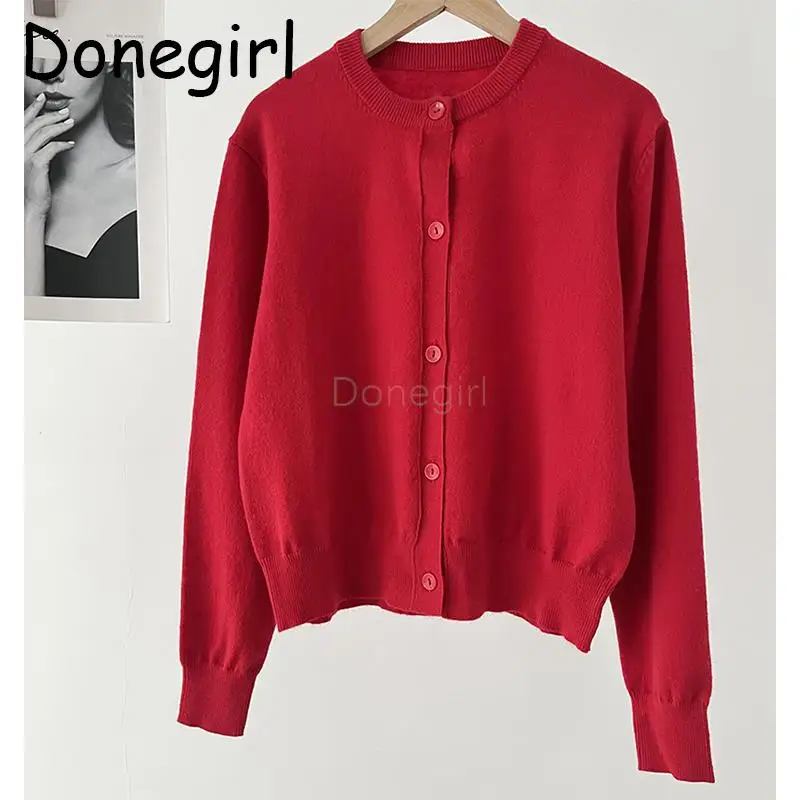 

Donegirl 2024 New Spring Autumn Women Fashion Round Neck Single-breasted Knitted Sweater Red Cardigans Coat Female Tops Chic