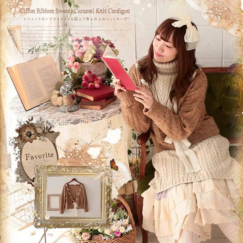 

Mori Girl Harajuku Short Style Sweet Cardigan Sweater Women Khaki Color Blet Lace Up Female Sweater Cardigan Lolita Tops A233