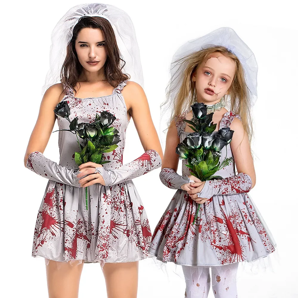 

Костюм на Хэллоуин для взрослых и детей, костюм для косплея призрака невесты, страшное серое пятно крови, свадебное платье, искусственное платье для макияжа