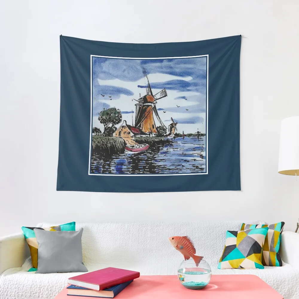 

DUTCH BLUE DELFT : Vintage Colorful Windmills and boat on River Print Tapestry Decoration For Home Tapestries Wall Hanging