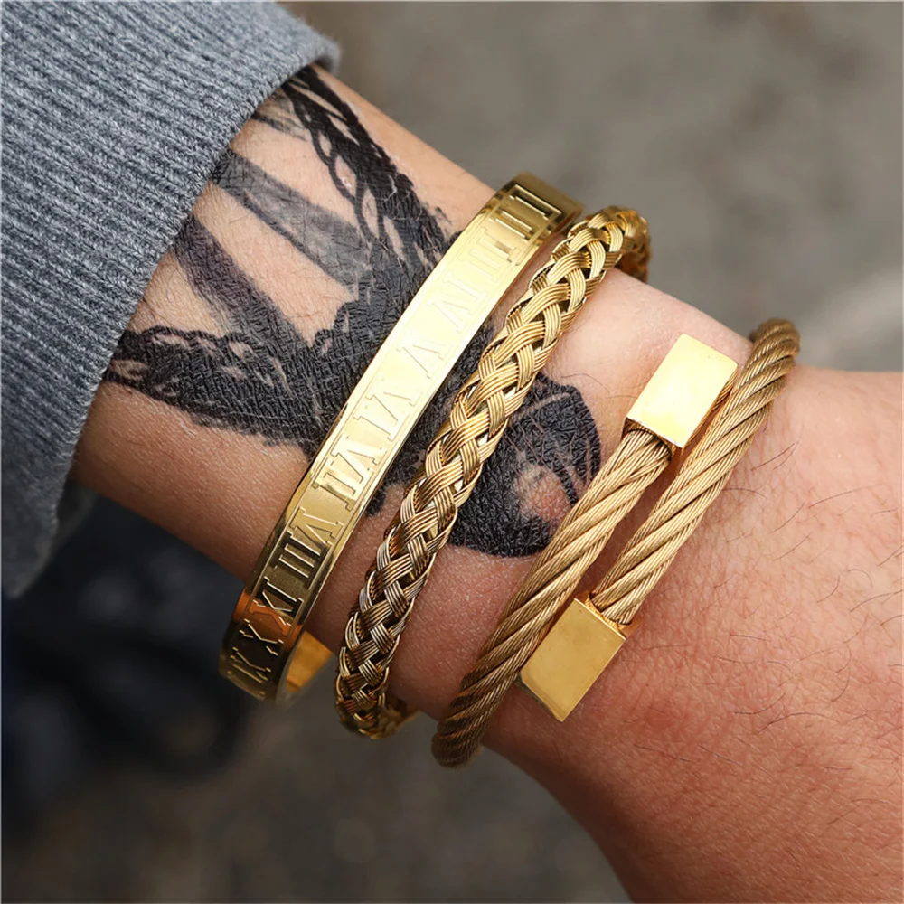 

3PCS/Lot Retro Style Bangle Charm Cross Golden Silvery Black Weave Bracelet For Women&Men Classical Roman Numerals Jewelry Set