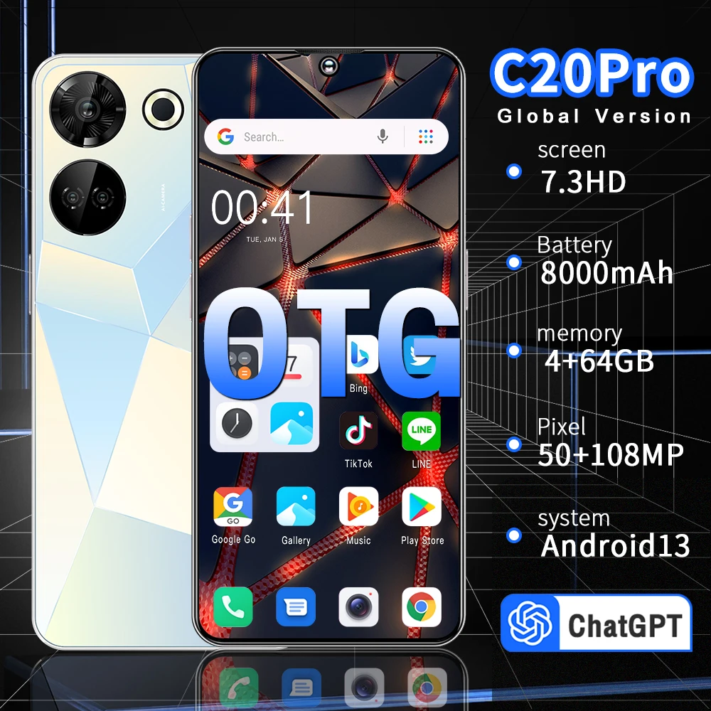 

Global Version C20 Pro 5G Smartphone Android13 4GB / 64GB 8000mAh Cellphone 50MP+108MP Camera 7.3 inch Deca Core Mobile Phone