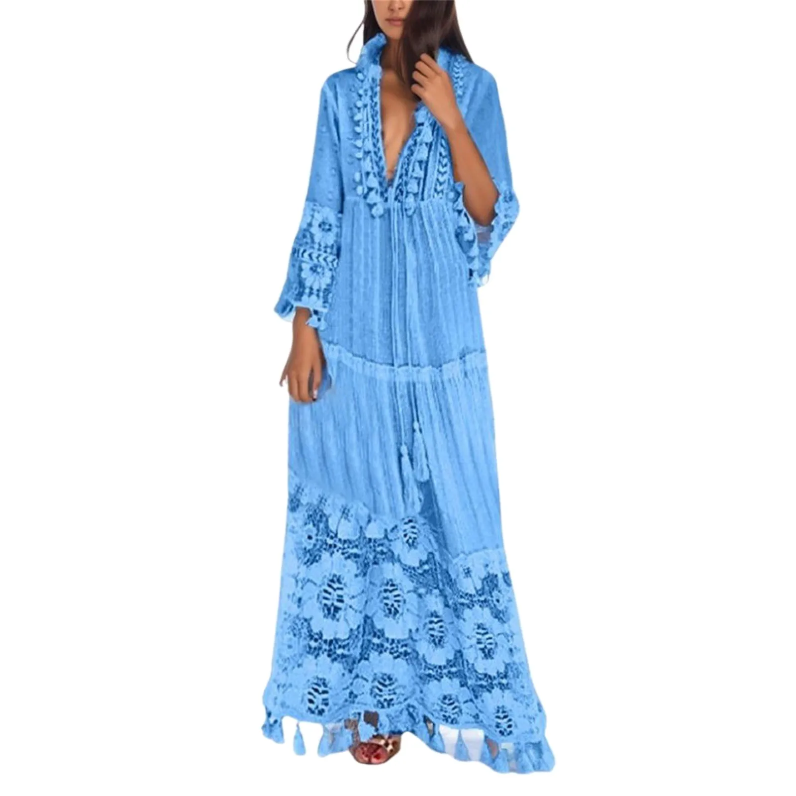 Ladies Bohemian V-Neck Tassel Large Size Casual Dress Women Lace Solid Fashion Maxi Dress Elegant Robe Boho Holiday Long Dresses
Ladies Bohemian V-Neck Tassel Large Size Casual Dress Women Lace Solid Fashion Maxi Dress Elegant Robe Boho Holiday Long Dresses