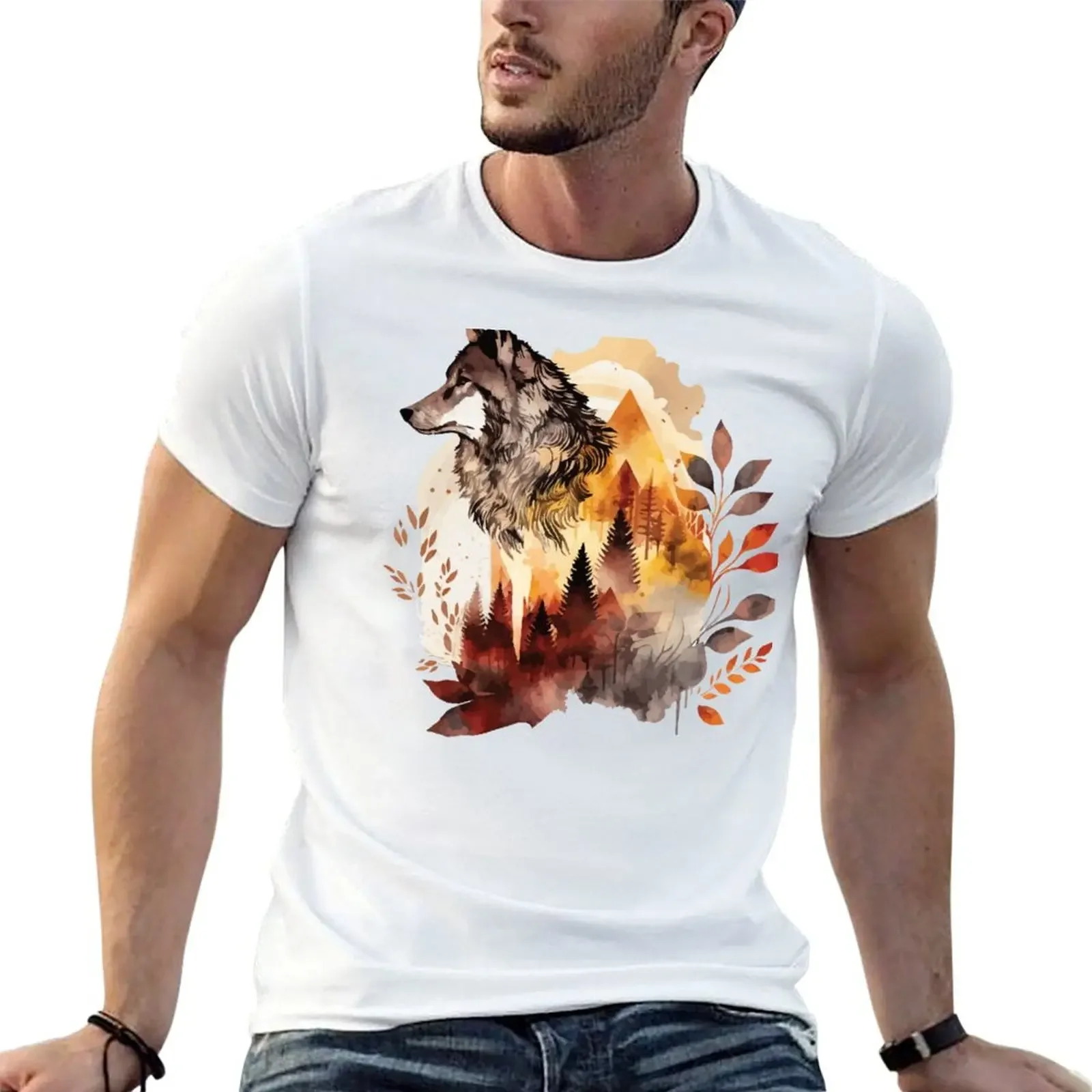 

A Watercolor of a Wolf in Orange Toned Forest - Boho Animals T-shirt customizeds mens t shirts casual stylish