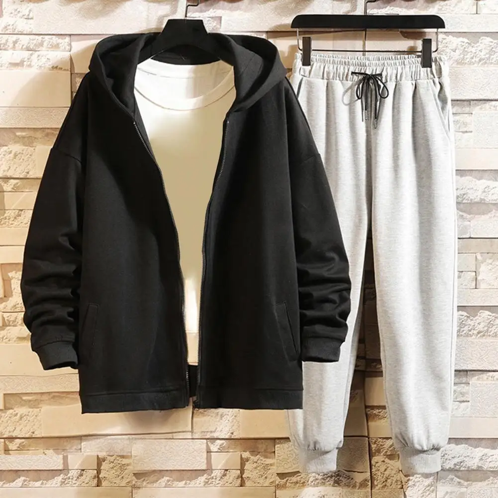 

Elastic Waisted Sweatpants Jacket Set Stylish Men's Tracksuit Set Hooded Zipper Coat Elastic Waistcoat Drawstring for Spring