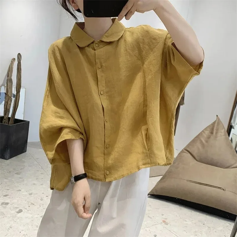 

Cotton And linen Women's Shirt 2023 Summer New Three-quarter Sleeve Bat sleeved Loose oversized slimming Doll Collar Blouse Lady