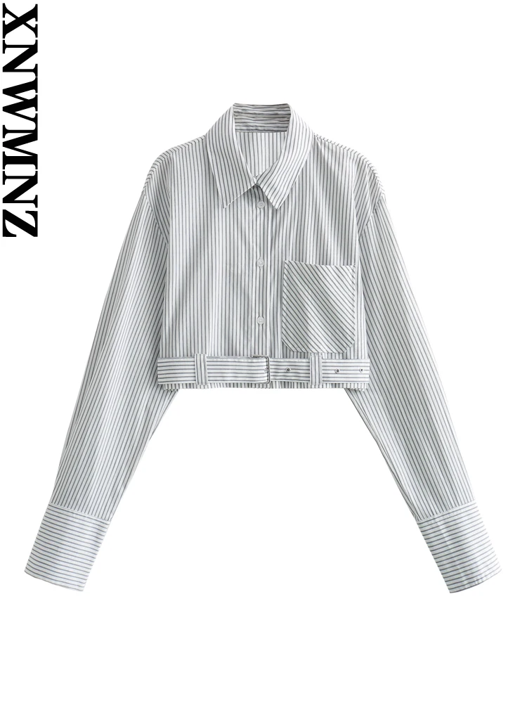 

XNWMNZ Женская мода 2023 полосатый укороченный пояс рубашка для женщин High Street отворот длинный рукав Универсальный женский шикарный топ