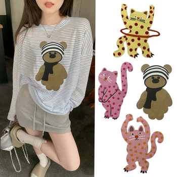 줄무늬 곰 자수 패치, 만화 고양이 스티커, 전송 바느질 티셔츠, 의류 모자 베개 배낭, DIY 공예 용품