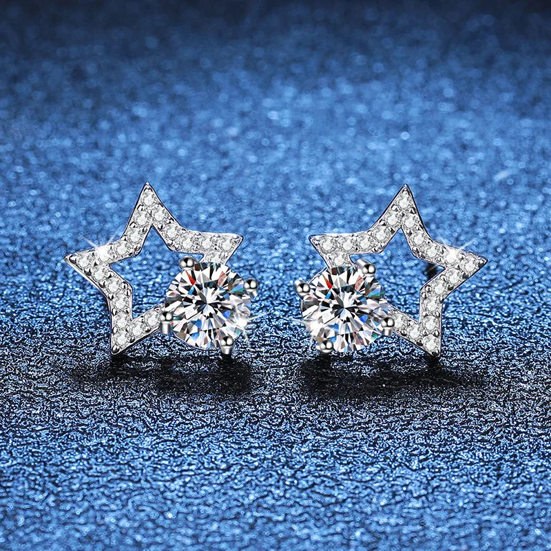 

New Luxury Fashion S925 Sterling Silver Platinum VVS D Color 1 Carat Moissanite Diamond Shiny Star Shape Earrings For Women Gift
