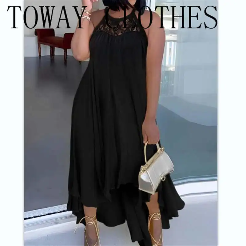 

New Fashion 2023 Summer Casual Lace Patch Asymmetrical Casual Dress Elegant Dresses Women Sexy Vacation Female Clothing Outfits
