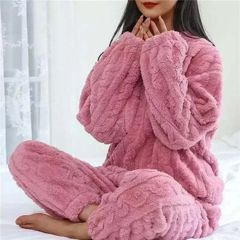 

Flannel Sleeve Casual Long Warm Pajamas Coral Winter Sleepwear Homewear Autumn Thick Velvet Women Sets Soild Pyjamas