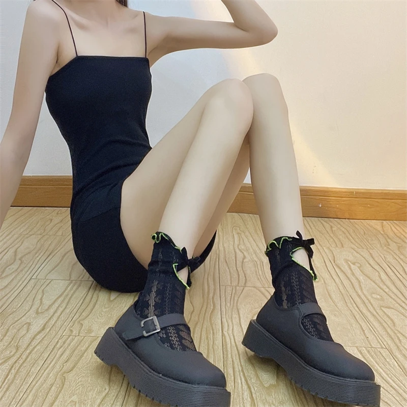 

Women Sweet Hollow Out Heart Lace Ankle Socks Japanese Contrast Color Ruffle Trim Bow Short Hosiery