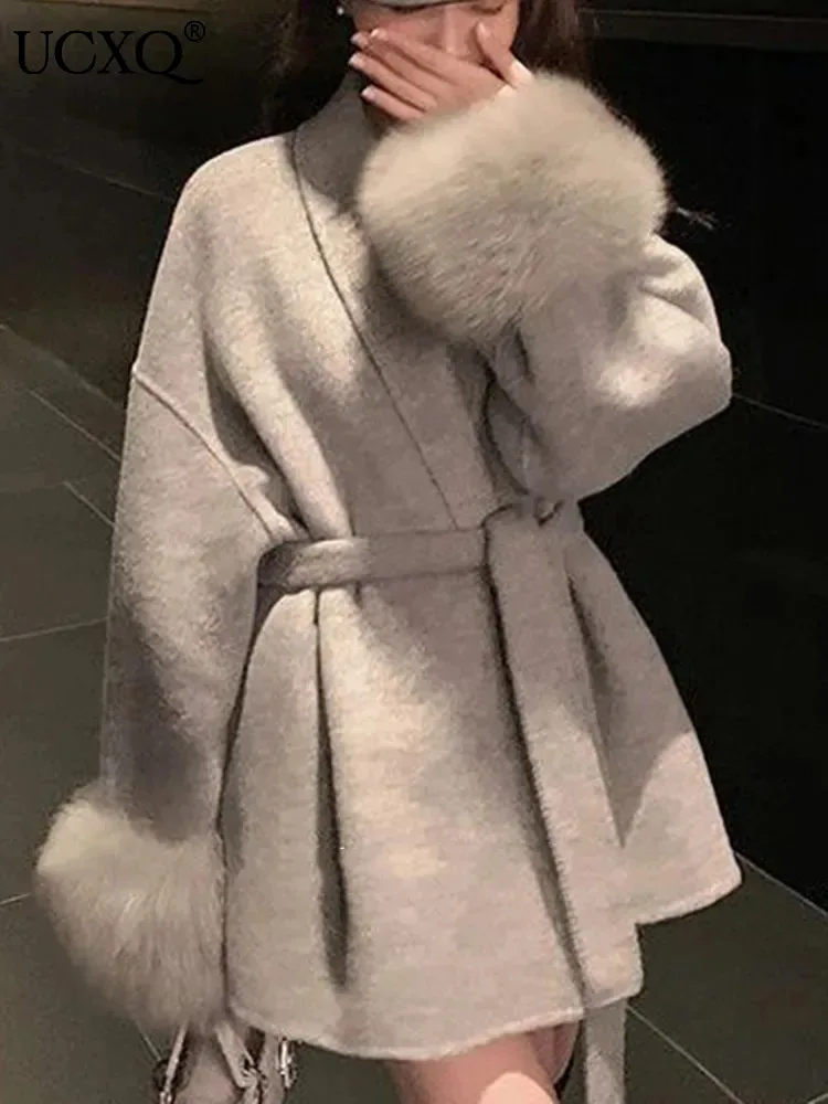 

UCXQ роскошное высококачественное меховое лоскутное шерстяное пальто с длинным рукавом с лацканами с поясом Повседневная Свободная куртка из смешанной ткани осень 2024 23A4929