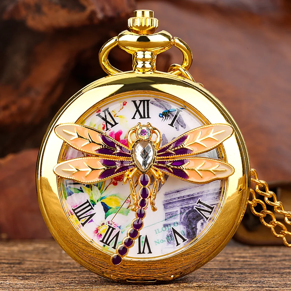 Openwork Dragonfly Pendant Pocket Watches Golden Quartz Pocket Watch Clocks Epoxy Luxury Necklace Colorful Roman Numeral Dial
Openwork Dragonfly Pendant Pocket Watches Golden Quartz Pocket Watch Clocks Epoxy Luxury Necklace Colorful Roman Numeral Dial