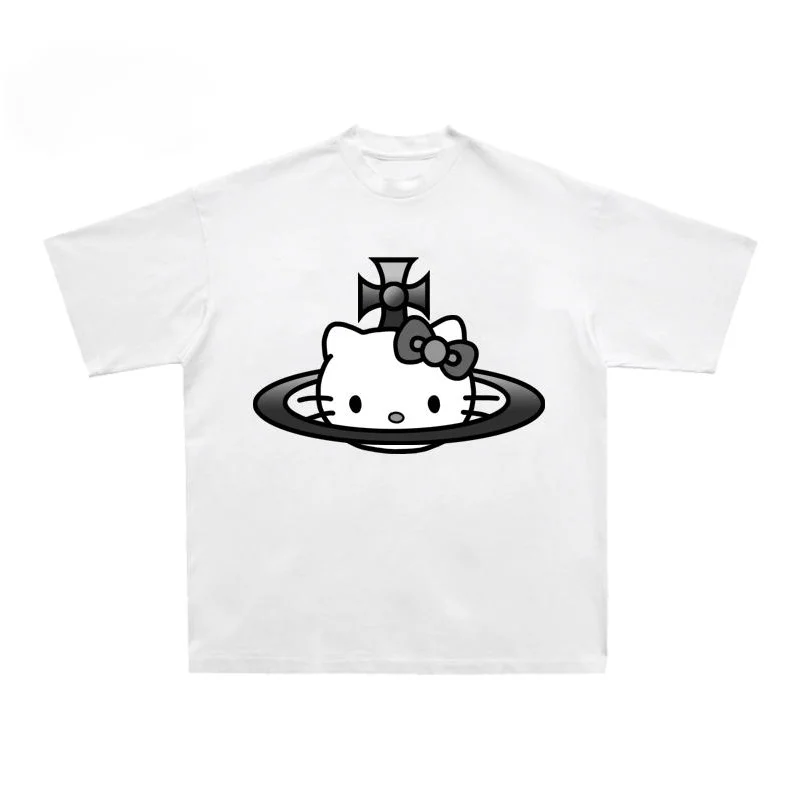

Hello Kitty Men's and Women's T-Shirt Saturn Spoof Abe Style Short Sleeve T shirt Pure Cotton Print Couple Niche Oversized Tops