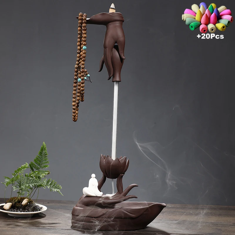 

+Gift Purple Clay Backflow Incense Burner Zen Monk Buddha Hand Lotus Sandalwood Furnace Aromatherapy Censer Creative Ornaments