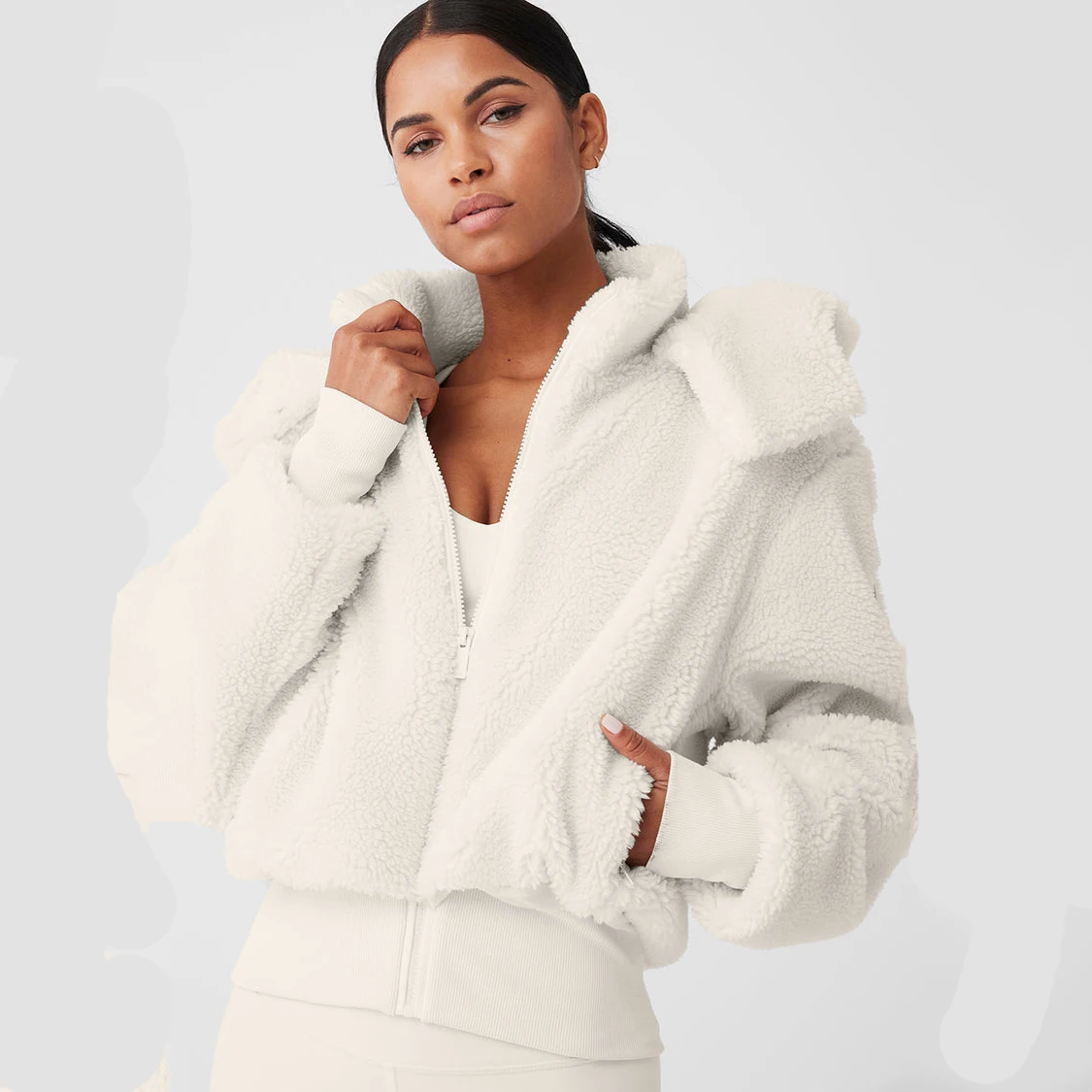 

Solid Elegant Fluffy Jacket For Winter Women Hooded Teddy Warm Zip Up Casual Khaki Long Sleeve Faux Fur Coat Black Korean Outfit