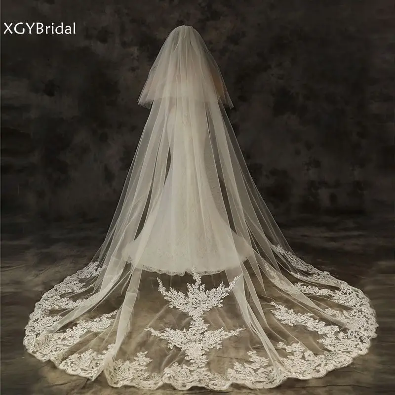 

In Stock Boda Wedding veils for bride Lace Appliques Two Layers White Ivory Bridal Veil velo de novia Cheap wedding accessories