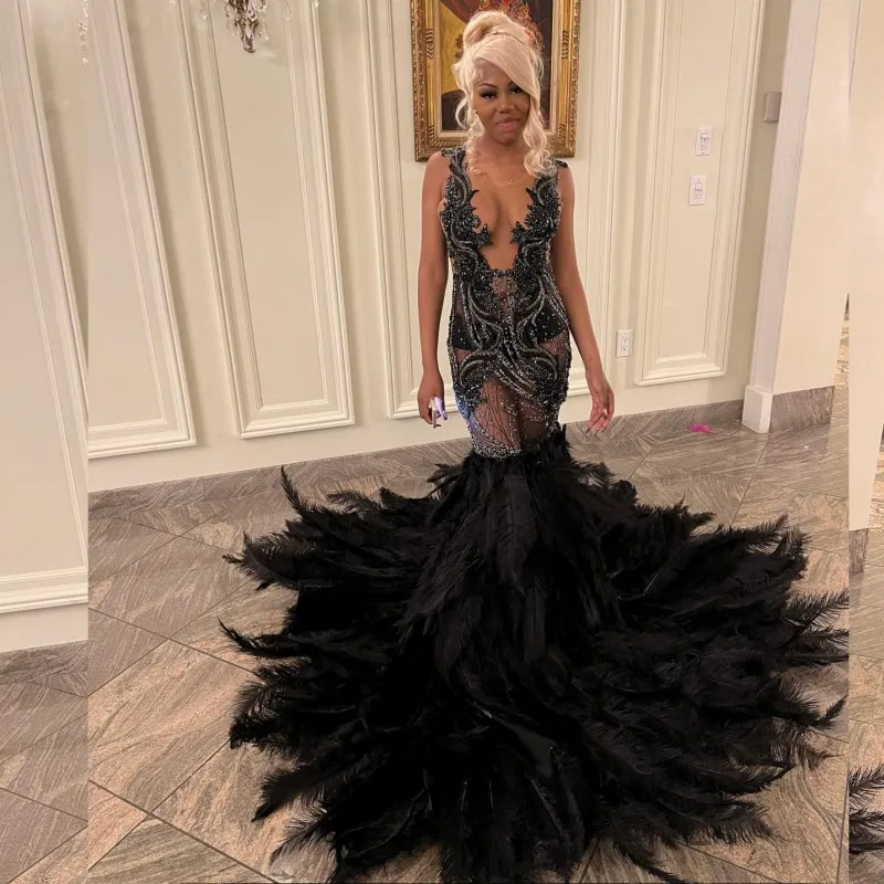 Black Prom Dresses For Women 2024 Sheer Neck Rhinestone Feathers Party Gowns See Through Mermaid Evening Dress vestidos de festa
Black Prom Dresses For Women 2024 Sheer Neck Rhinestone Feathers Party Gowns See Through Mermaid Evening Dress vestidos de festa