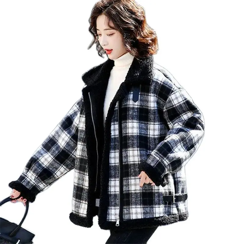 

Imitation Lambswool Women's Coat 2022 Winter New Thicken Fashion Keep Warm Loose Wild Lattice Lamb Fleece Female Outerwear