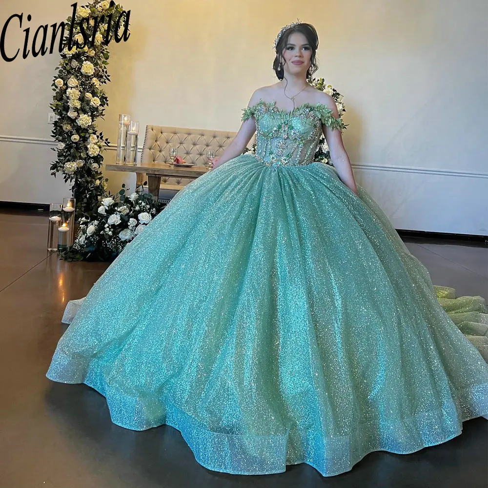 Mint Green Glitter Crystal Beading Ball Gown Quinceanera Dresses Off the Shoulder Appliques Lace Corset Vestidos De 15 Años
Mint Green Glitter Crystal Beading Ball Gown Quinceanera Dresses Off the Shoulder Appliques Lace Corset Vestidos De 15 Años