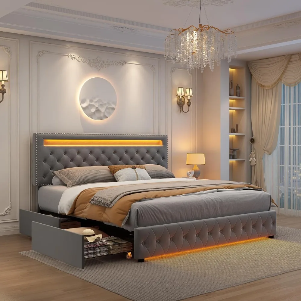 Bed Frame, Led Bed Frame with 4 Storage Drawers, with Smart Control RGBW LED Lights Headboard Footboard
Bed Frame, Led Bed Frame with 4 Storage Drawers, with Smart Control RGBW LED Lights Headboard Footboard