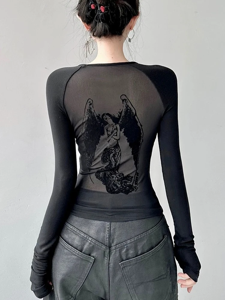 

HOUZHOU Gothic See Through Angel Graphic Print T-shirt for Women Goth Punk Slim Fit Sexy Mesh Y2k Long Sleeve Grunge Transparent