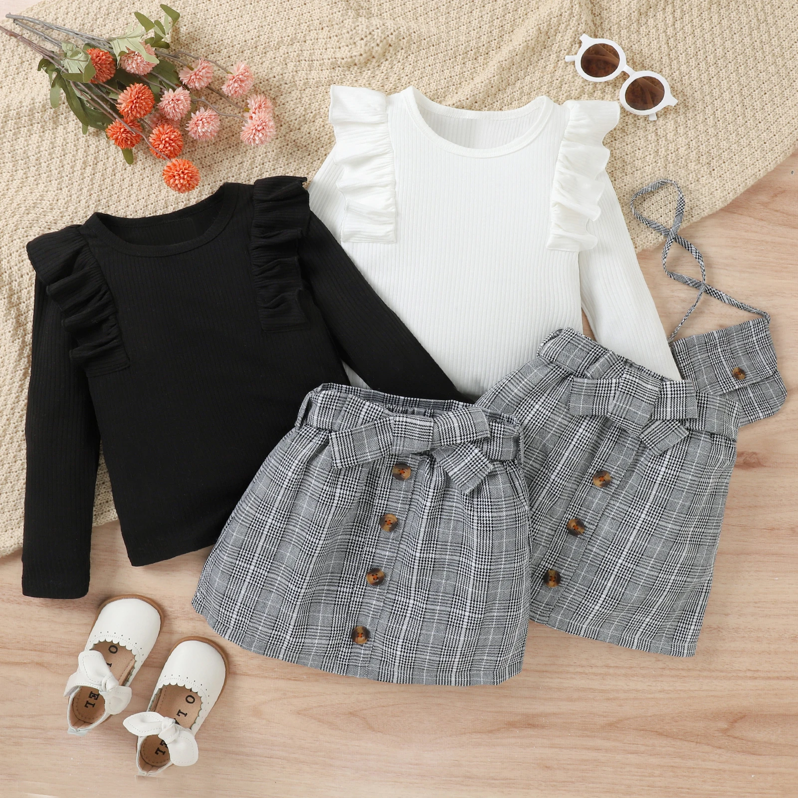 Toddler Kids Baby Girls Spring Autumn Outfit Sets Solid Color Long Sleeve Ruffle Tops + Plaid Skirt with Belt + Bag 4-7T
Toddler Kids Baby Girls Spring Autumn Outfit Sets Solid Color Long Sleeve Ruffle Tops + Plaid Skirt with Belt + Bag 4-7T