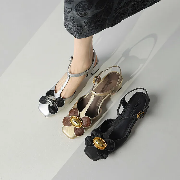 

Женские босоножки с цветочным рисунком во французском стиле, обувь из 2024 воловьей кожи на среднем каблуке с юбкой и высоким каблуком для наружной носки