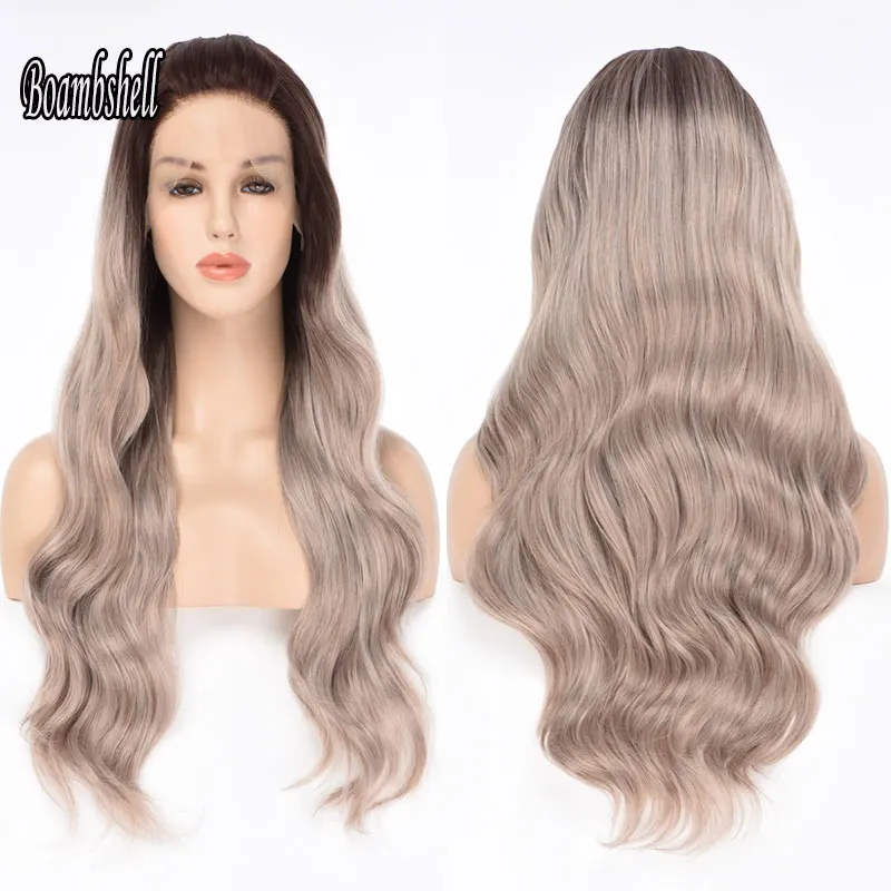 

Bombshell New Style Ombre Ash Brown Natural Wave Wgs Synthetic 13X4 Lace Front Wig Glueless Heat Resistant Fiber Hair For Women