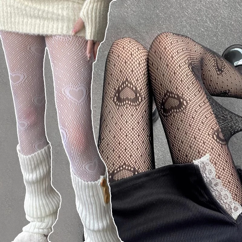 

Black Fishnet Stockings With Heart Pattern Girls Lolita Ins Tights White Fishnet Pantyhose Female Spring Summer Legging Stocking