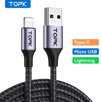 TOPK 마이크로 USB C 타입 휴대폰 충전기 충전 케이블, 샤오미 레드미 노트 10 9 용 고속 충전 와이어, 3A