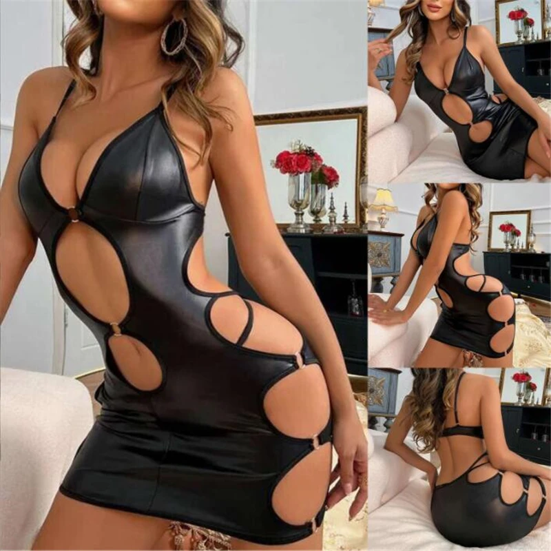 New Sexy Latex Leather Bodysuit Women Lingerie Erotic Black Hanging Neck Hollow Out Skirt Backless One Piece Dress Nightclub
New Sexy Latex Leather Bodysuit Women Lingerie Erotic Black Hanging Neck Hollow Out Skirt Backless One Piece Dress Nightclub