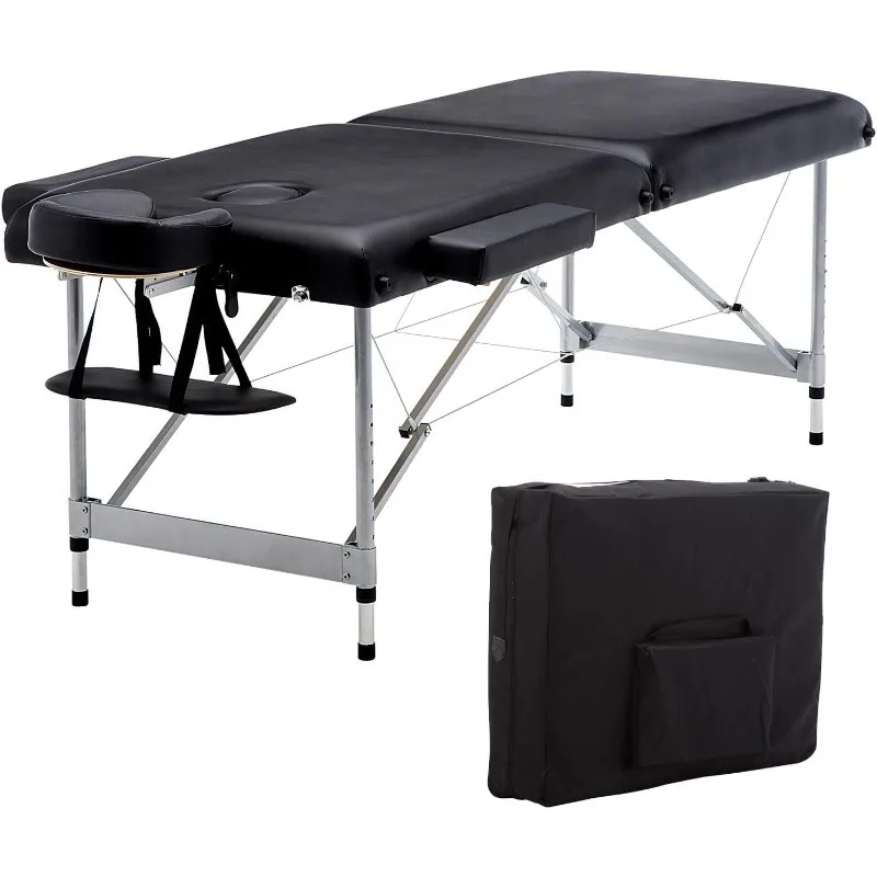 

Lightweight Massage Table with Aluminium Frame, 2 Fold Beauty Therapy Bed， w/Free Carry Case, Face Cradle, Arm Rests (Black)