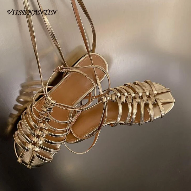 

Handmade Weave Hollow Out Ankle Strap Women Sandals 2024 New Style Narrow Band Flat Gladiator Sandals Casual Beach Shoes Females