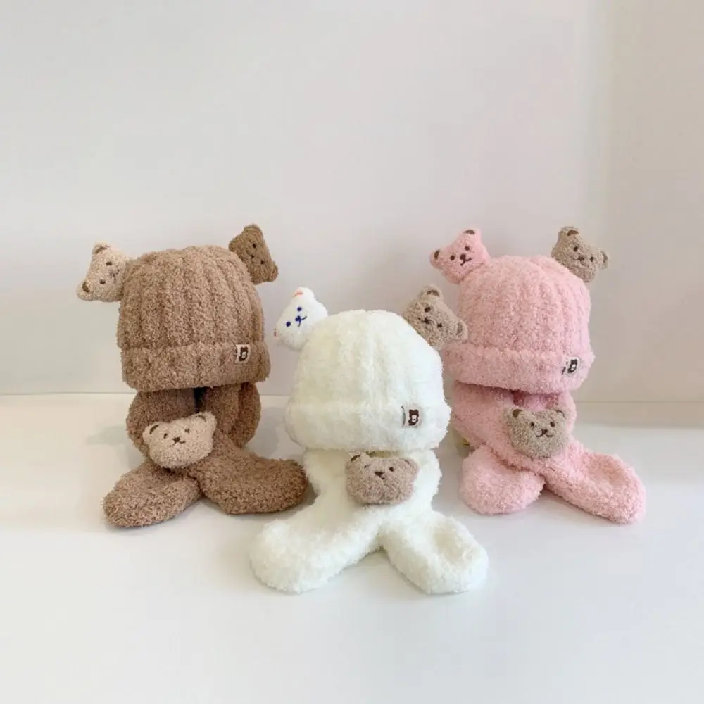 

Cartoon Bear Baby Winter Hat Scarf Set Gift Ear Protection Keep Warm Plush Scarves Thick Knit Cap Baby
