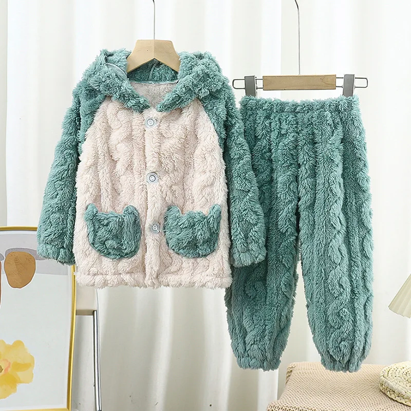 

Kids Winter Flannel Pajamas Sets Baby Boys Girls Clothes Thick Warm Hooded Sleepwear Solid Pyjamas Can Be Worn Outside Pijama