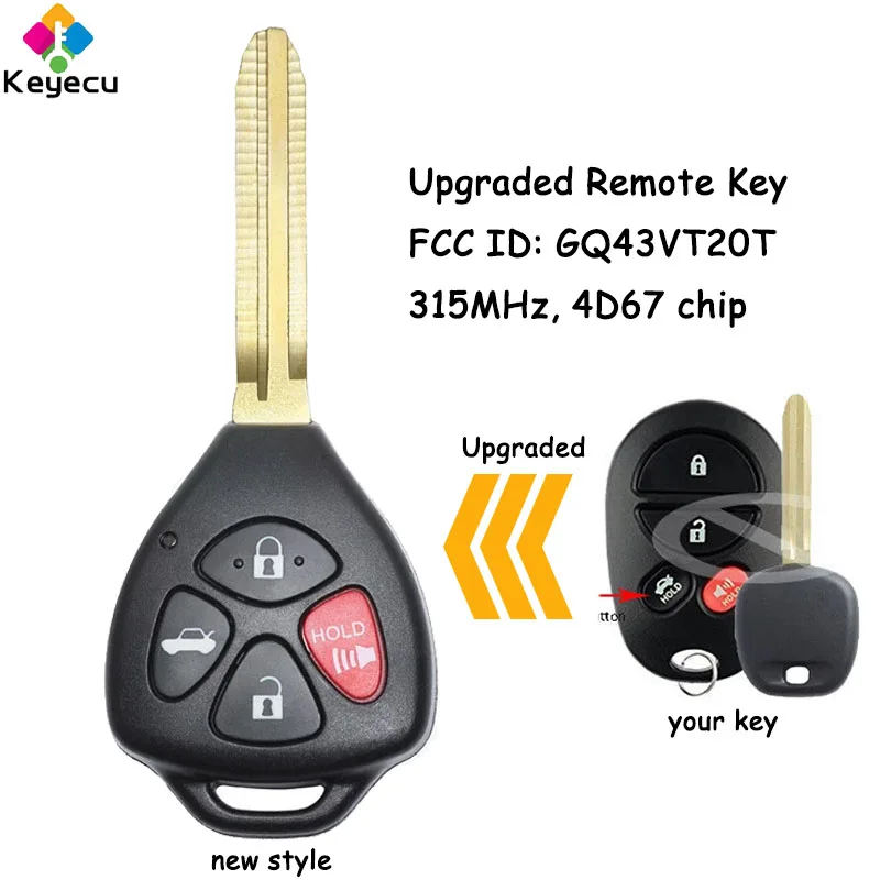 

KEYECU Upgraded Remote Control Car Key With 4 Buttons 315MHz 4D67 Chip for Toyota Avalon Solar Fob FCC ID: GQ43VT20T - Trunk