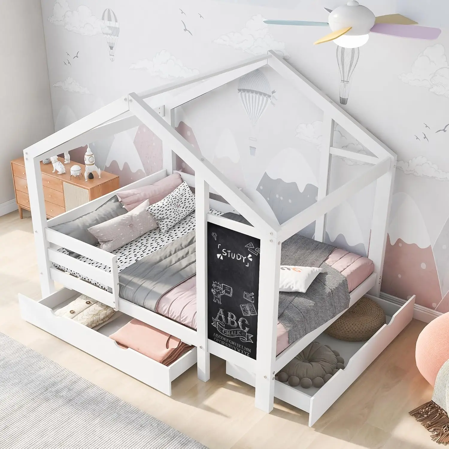 DNYN Twin Size House Bed with Storage Drawers for Kid Bedroom,Solid Wood Platfrom Bedframe w/Blackboard Design
DNYN Twin Size House Bed with Storage Drawers for Kid Bedroom,Solid Wood Platfrom Bedframe w/Blackboard Design