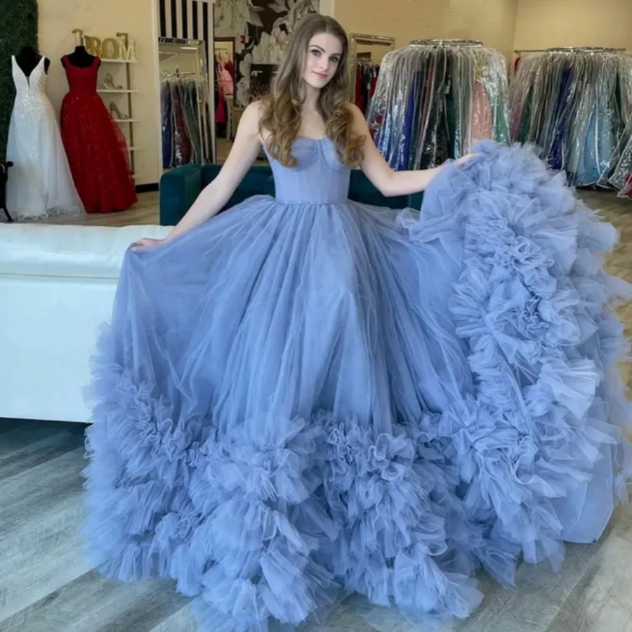 

OUSIRUI 2024 Blue Graduation Gown Sexy Strapless Prom Dresses Ruffles Vestidos De Fiesta Elegantes Handmade Organza Para Mujer