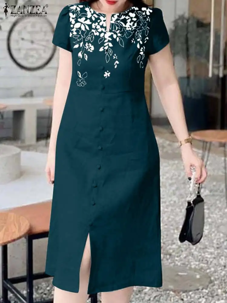 

ZANZEA 2024 Summer Single Breast Long Robes Women Summer Sundress Casual Short Sleeve Midi Dress Elegant Print Slit Chic Dresses